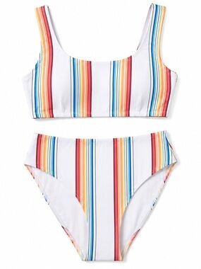 SweatyRocks Striped High Waisted Bikini Set White Multicolor Scoop Neck 2 Piece